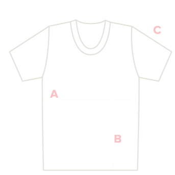 Size guide measurements. 'A' is half chest width, 'B' is shirt length, 'C' is sleeve length